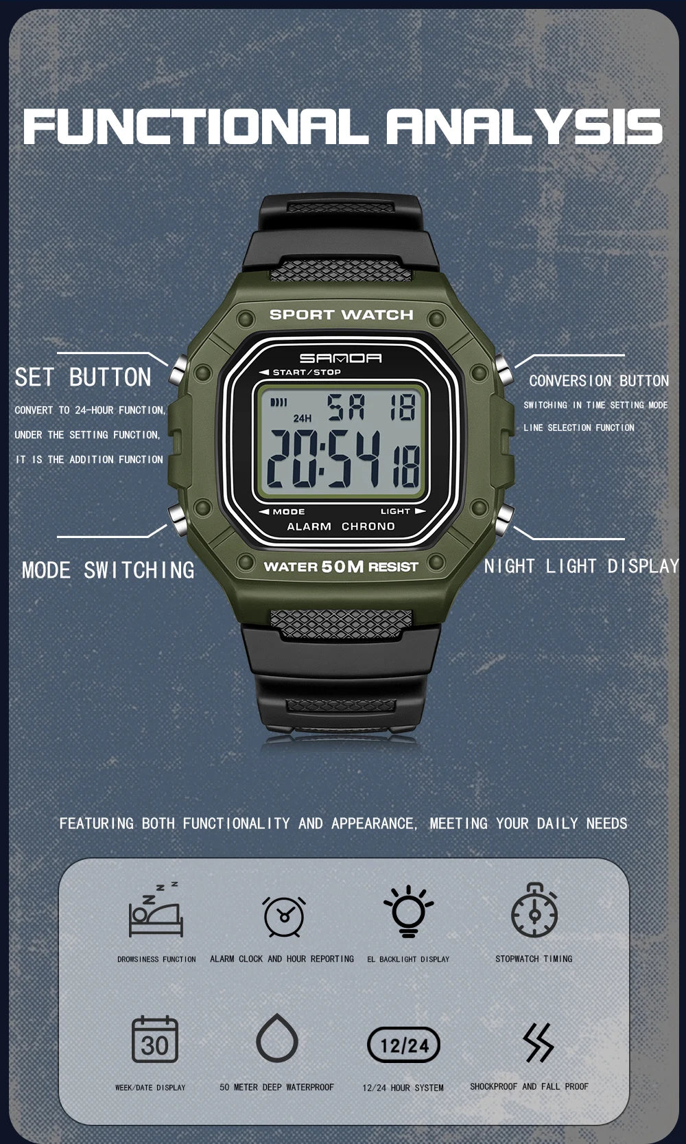Big Dial Sports Watch with Stopwatch – Men