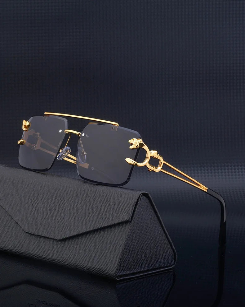 Fashion Leopard Rimless Sunglasses Double Bridges Gradient Ocean Film Shades UV400