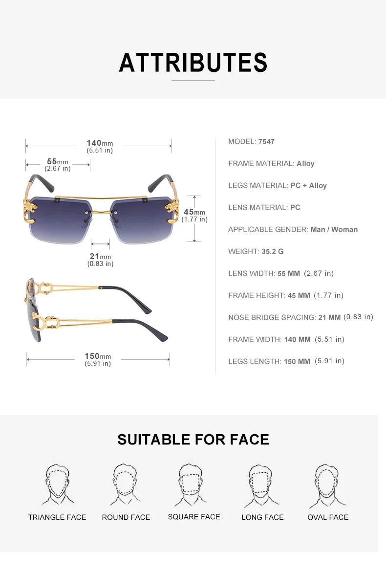 Fashion Leopard Rimless Sunglasses Double Bridges Gradient Ocean Film Shades UV400
