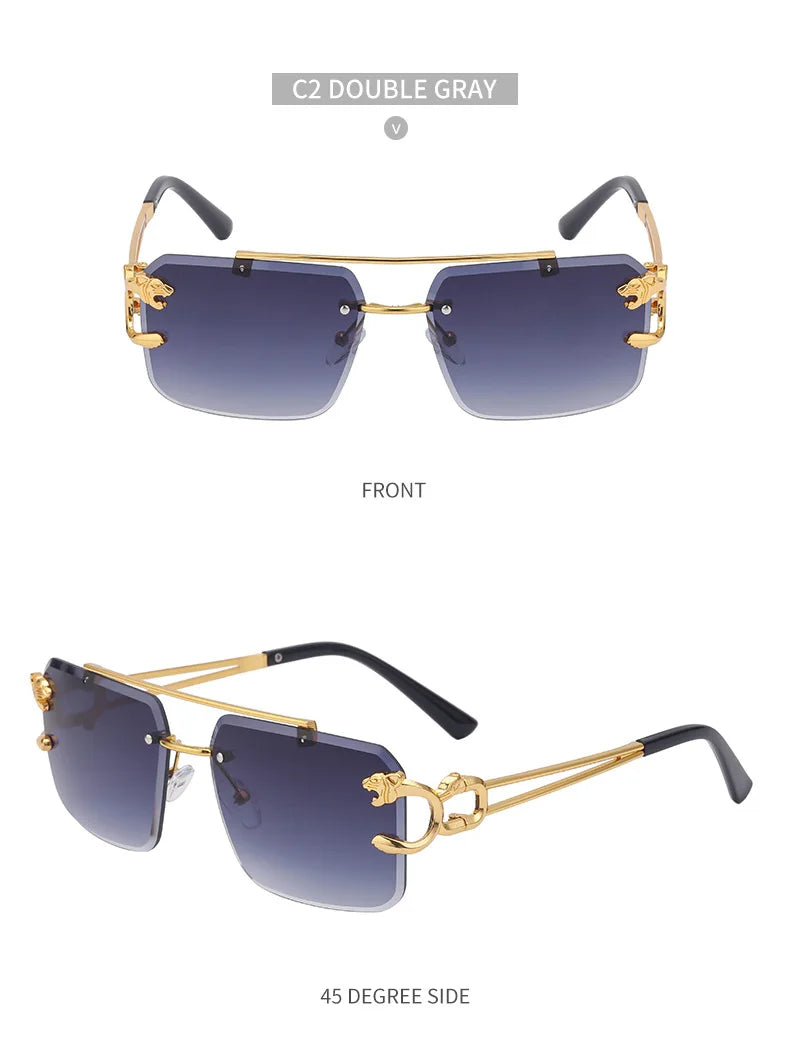Fashion Leopard Rimless Sunglasses Double Bridges Gradient Ocean Film Shades UV400