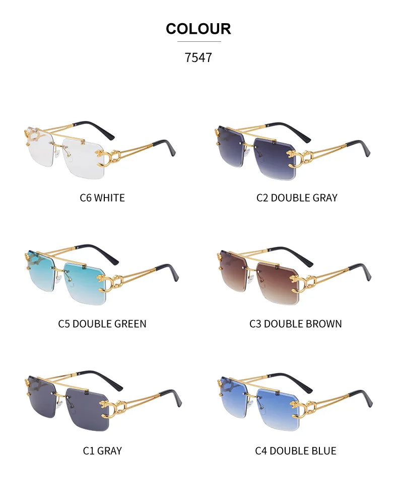 Fashion Leopard Rimless Sunglasses Double Bridges Gradient Ocean Film Shades UV400